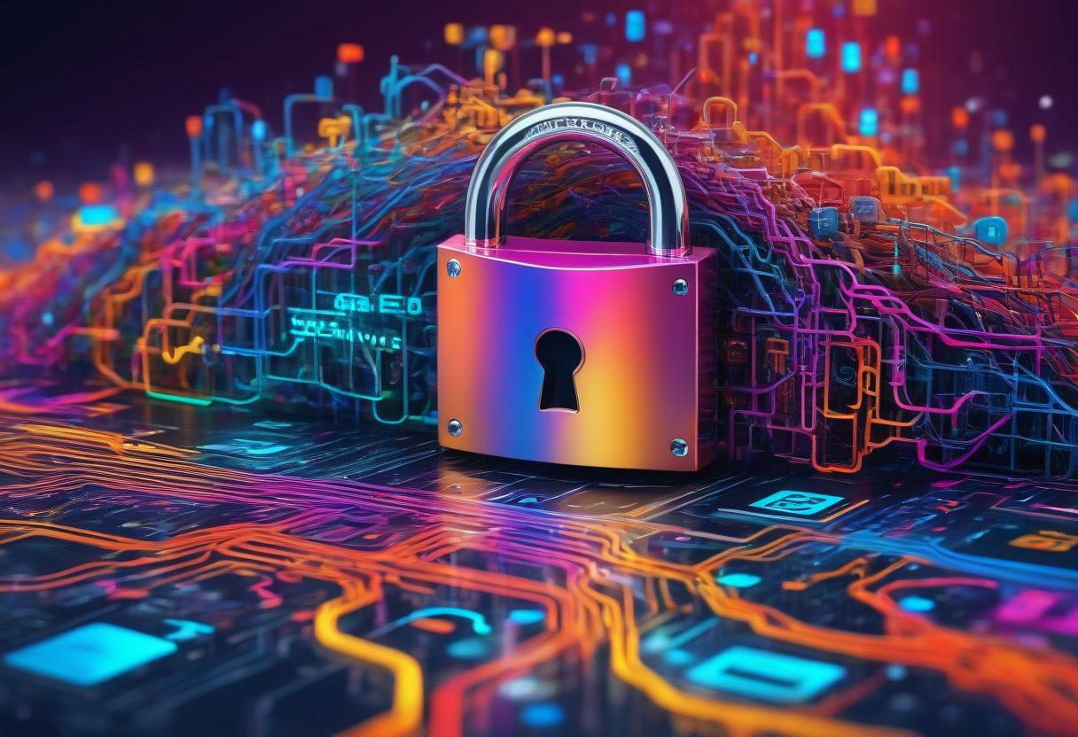 A bustling digital ecosystem with interconnected websites, each with vibrant colors representing different services, surrounded by SEO tools like keywords, analytics graphs, and magnifying glasses. Show a central figure unlocking a digital padlock, symbolizing digital success. Include abstract code streams and binary patterns for a tech vibe. Super-realistic. Vibrant colors. 3D.