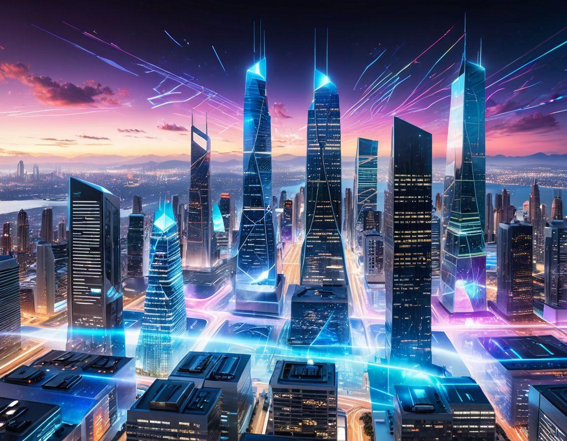 A futuristic urban skyline filled with holographic advertisements and sleek skyscrapers, representing a blend of cutting-edge technology and digital connectivity. A dynamic website interface is projected in the sky, symbolizing comprehensive website solutions. The central theme should be an interconnected digital network that radiates from a vibrant core. super-realistic. vibrant colors. white background.
